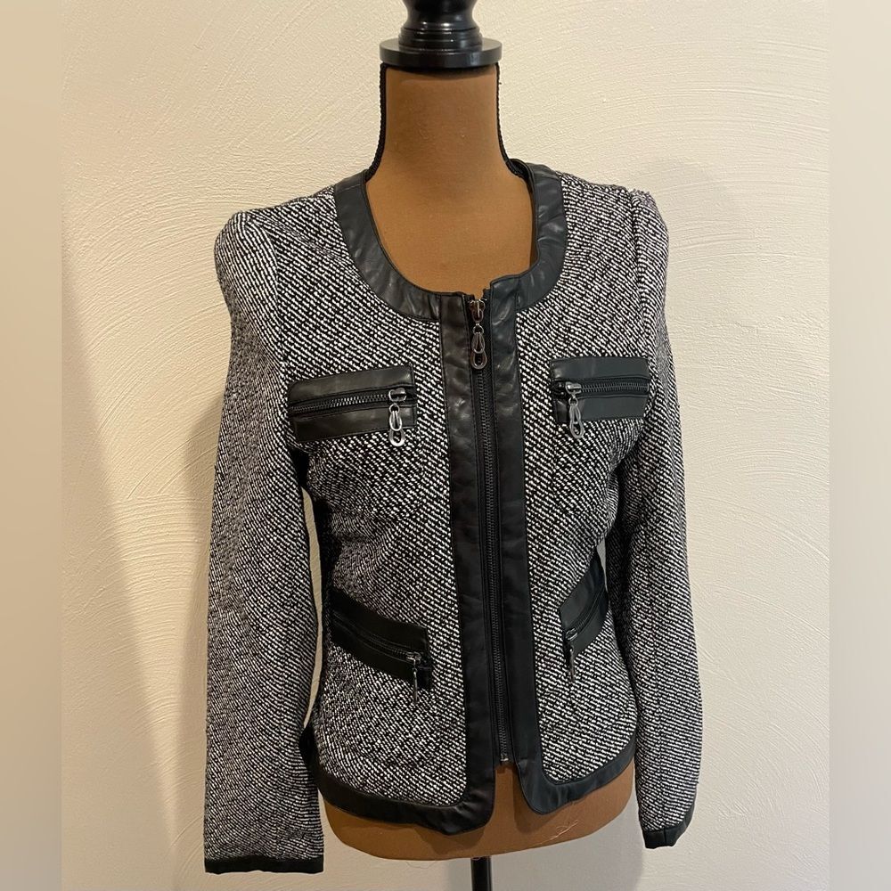 Miss London black and white blazer with leather accents